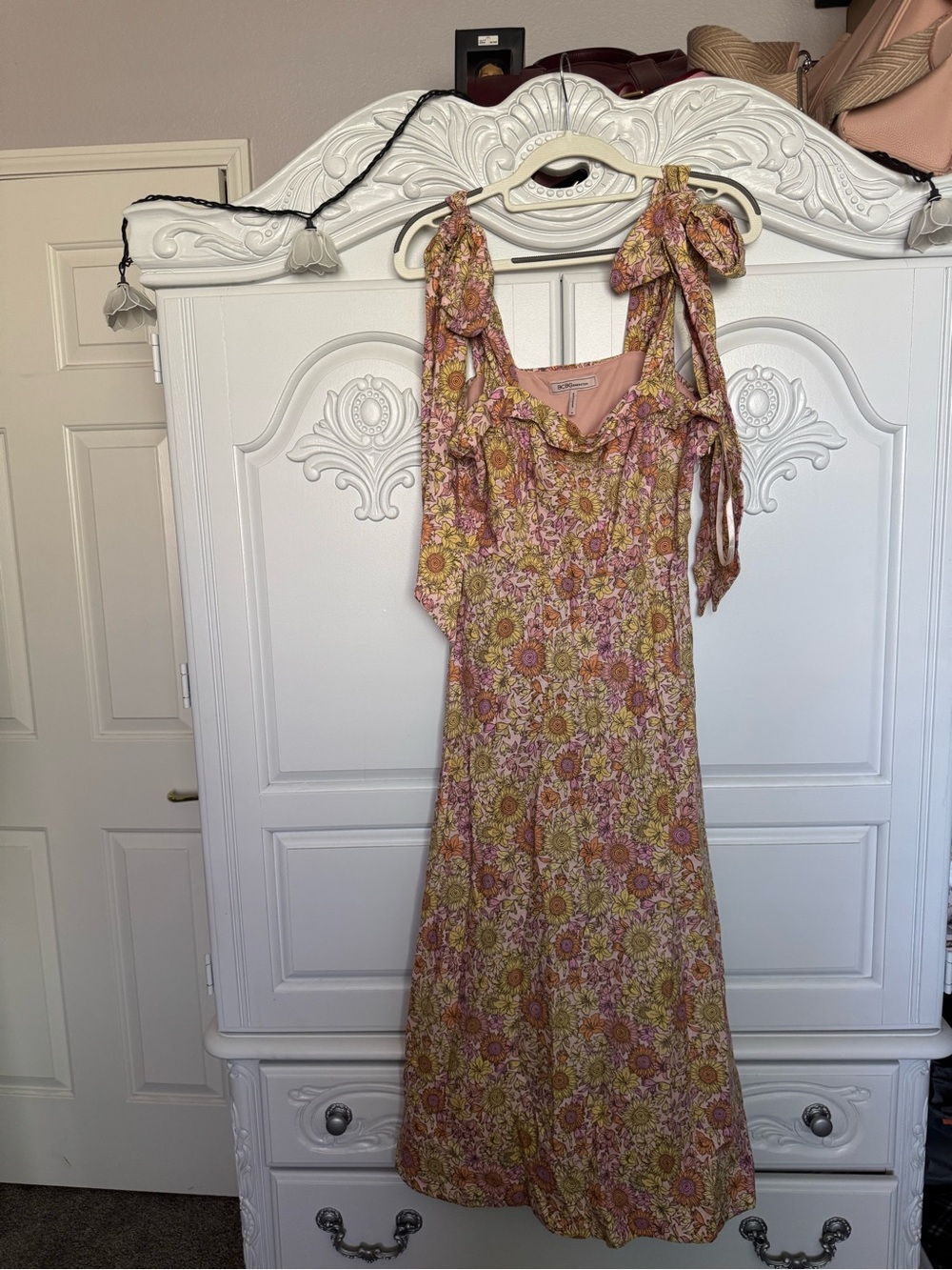 BCBGeneration Pink and Yellow Floral Maxi Dress with Tie Shoulders